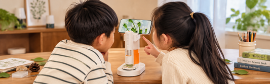 Children exploring everyday objects with a digital microscope for kids from MatataStudio