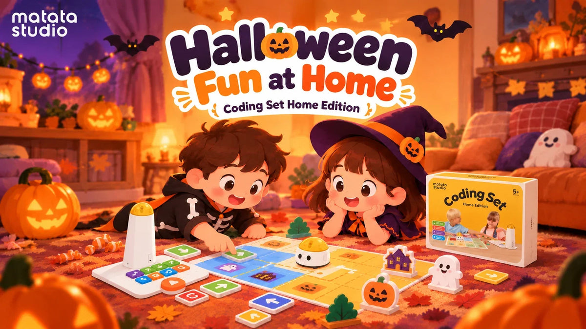Illustration of children enjoying Halloween coding activities with MatataStudio Coding Set Home Edition