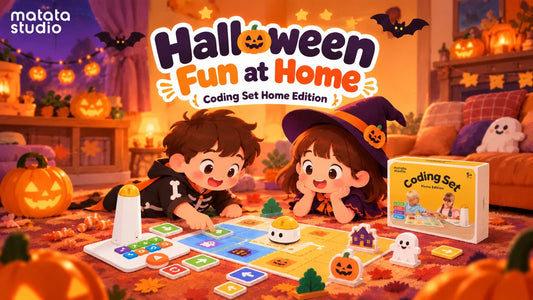 Illustration of children enjoying Halloween coding activities with MatataStudio Coding Set Home Edition