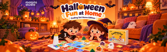 Illustration of children enjoying Halloween coding activities with MatataStudio Coding Set Home Edition