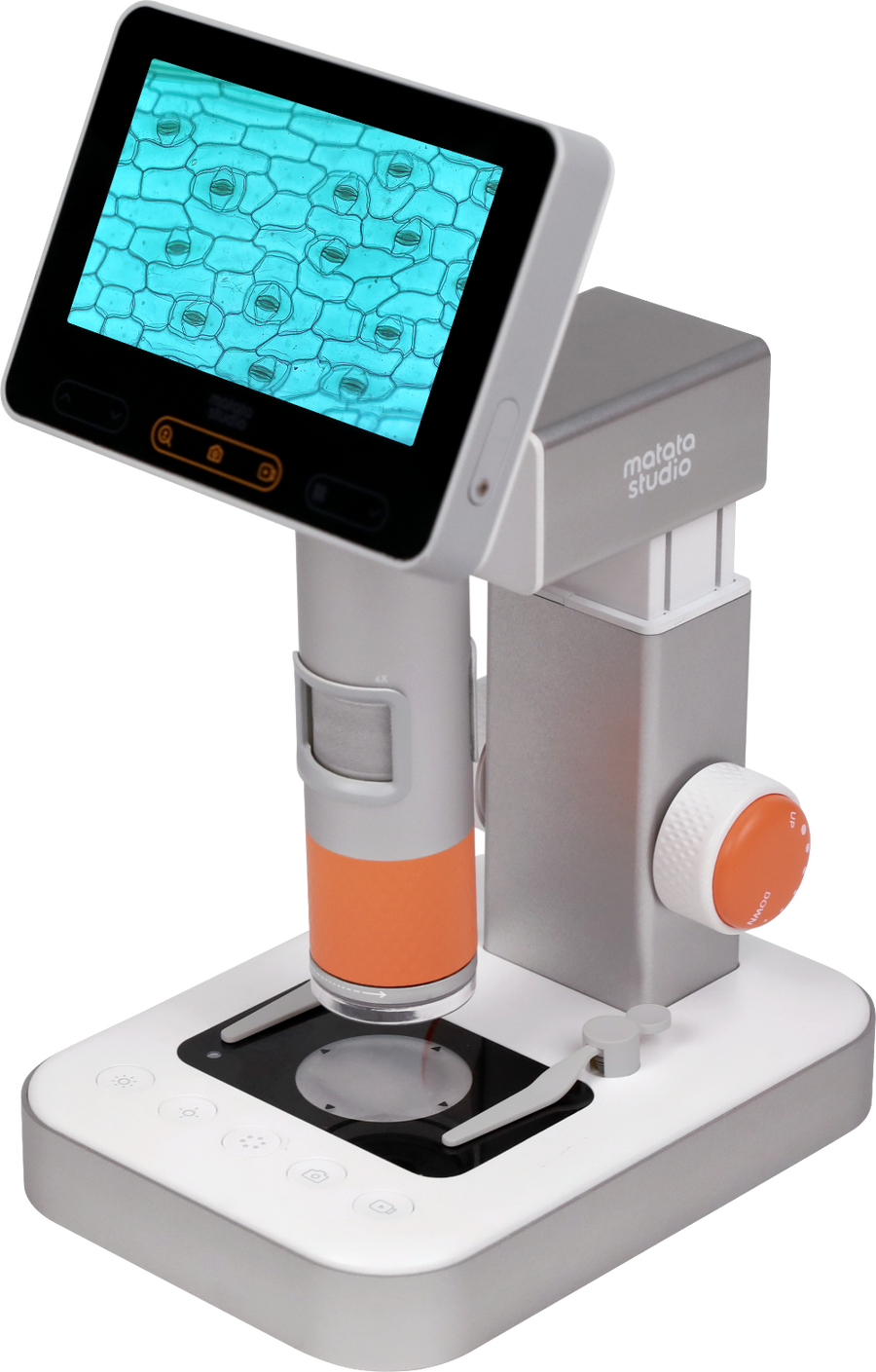 A modern digital microscope with a white and gray base, an orange accent column, and a tilted screen displaying a magnified cell pattern. The brand 'MatataStudio' is visible on the side of the microscope body.